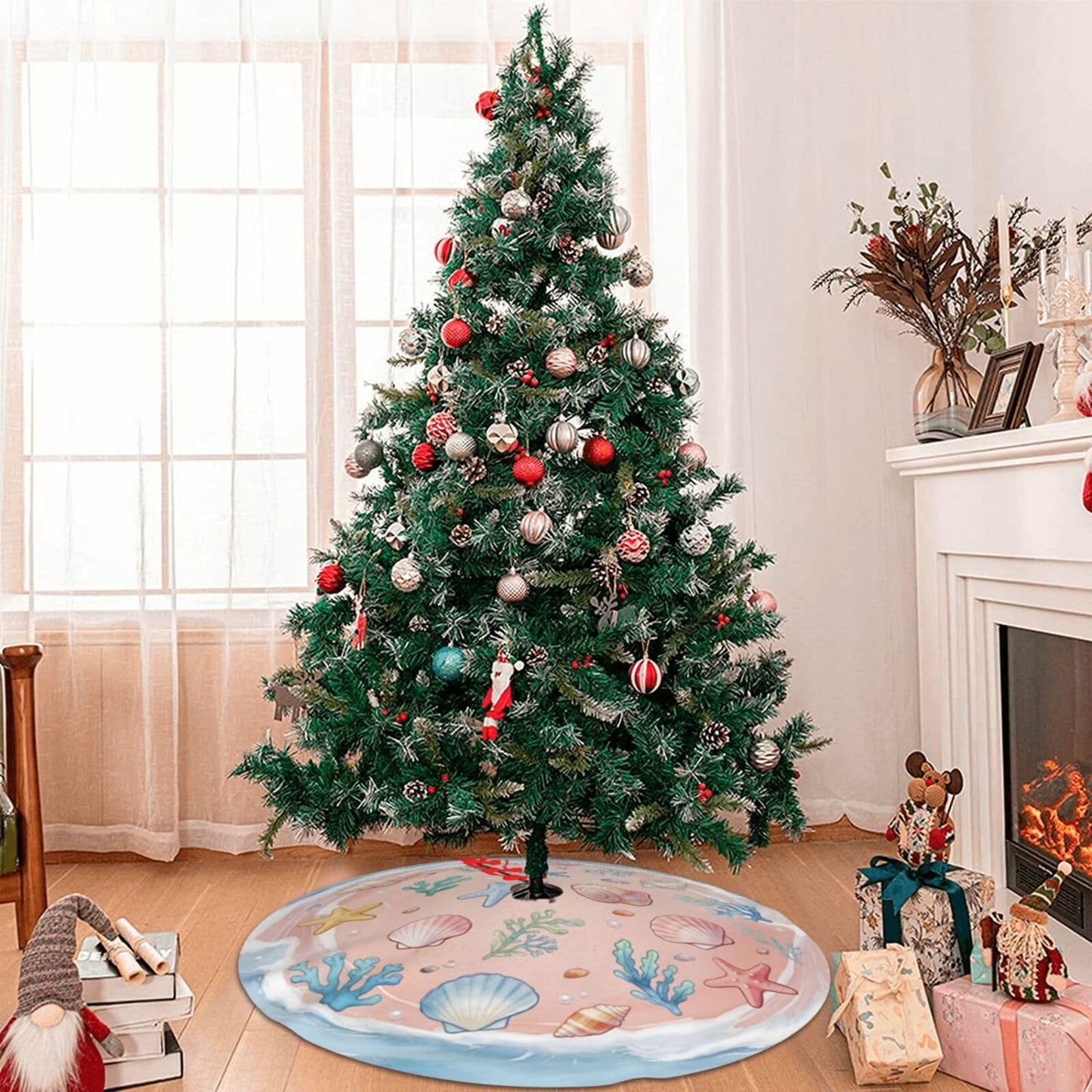 Summer Beach Shell Starfish Tree Skirt 36" Tree Mat for Christmas Tree Topper Holiday Party Yard Decorations Indoor Outdoor Ornaments 36"