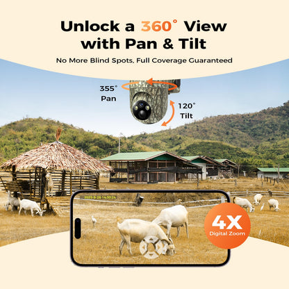 TKENPRO 4G LTE Cellular Trail Cameras, 360° View Live Streaming Game Camera Built-in SIM Card with PIR Motion Activated, 2K Night Vision, No WiFi Needed IP65 Solar Security Camera Camo Print-2 Pack
