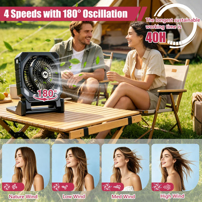AYAMAYA 2 Pack Camping Fans, 26000mAh Solar Fan with LED Lantern with 180° Oscillation, 4 Speed, 40000mAh Rechargeable Fan for Camping