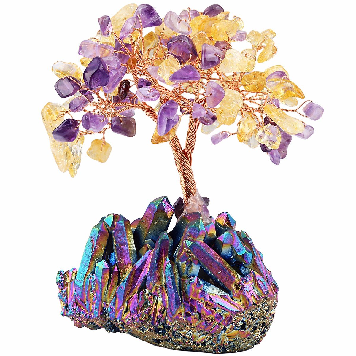 mookaitedecor Citrine & Amethyst Crystal Tree, Quartz Cluster Rainbow Titanium Crystals Base Bonsai Money Tree for Wealth and Luck