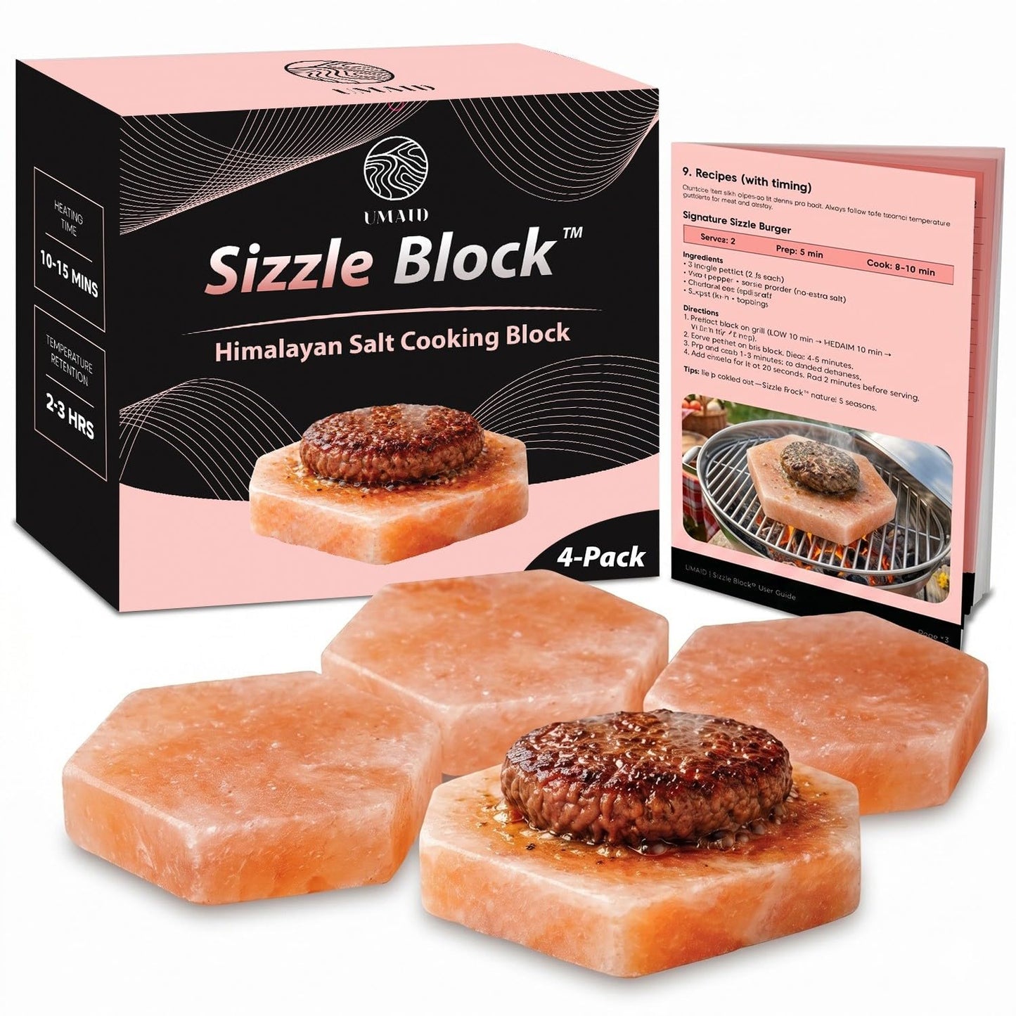 UMAID Sizzle Block™ Himalayan Salt Block 4 Pack (6" Hexagon) – Food Grade Salt Slabs for Burgers, Steak, Seafood & Vegetables – Heat for Grilling & Cooking or Chill for Sushi, Charcuterie & Food Presentation – Unique Gifts for Men & Dad Gifts for Fathers