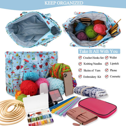 Coopay Craft Bag for Crochet Knitting Cross Stitch, Tote Bag for Embroidery Project, Knitting Needles or Diamond Painting Tools, Knitting Bags Yarn Storage Bag 14in×5.5in×12in,Oxford Cloth,Blue