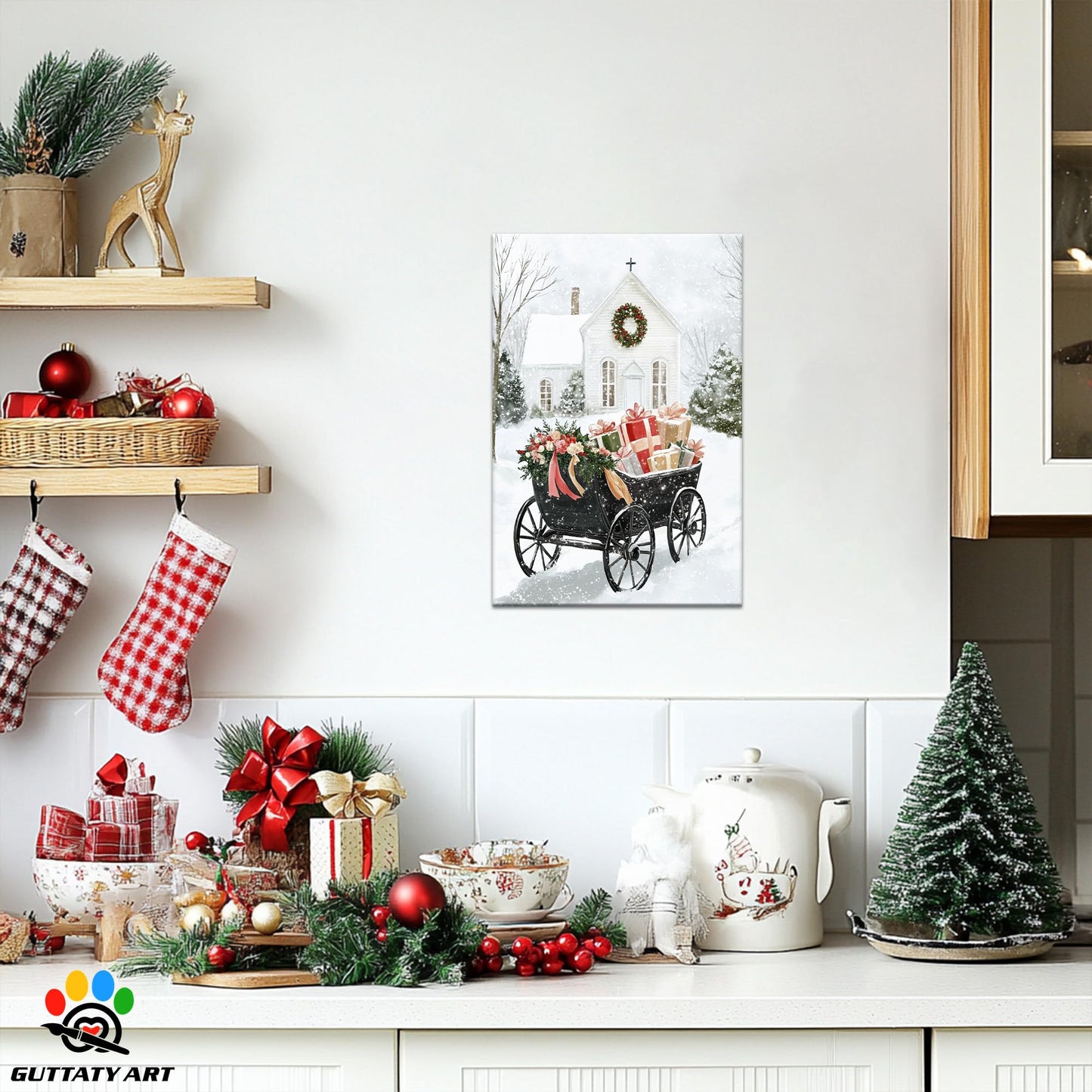GUTTATY Christmas Canvas Wall Decor, Christmas Gift Carriage Canvas Wall Art, White Church Snowy Scene Wall Pictures, Minimalist Xmas Canvas Artworks for Living Room, Bedroom 18x24 Inch