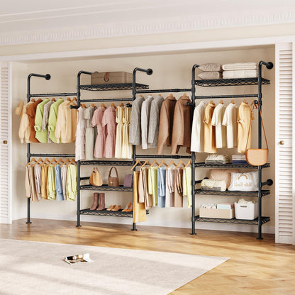 Closet Organizers and Storage, 4-Row Heavy Duty Clothes Rack for Hanging Clothes, Wall Mounted Closet System with 4 Telescopic Rods, 2 Fixed Rods, 5 Hooks, 8 Shelves for Wardrobe, Bedroom, Small Space