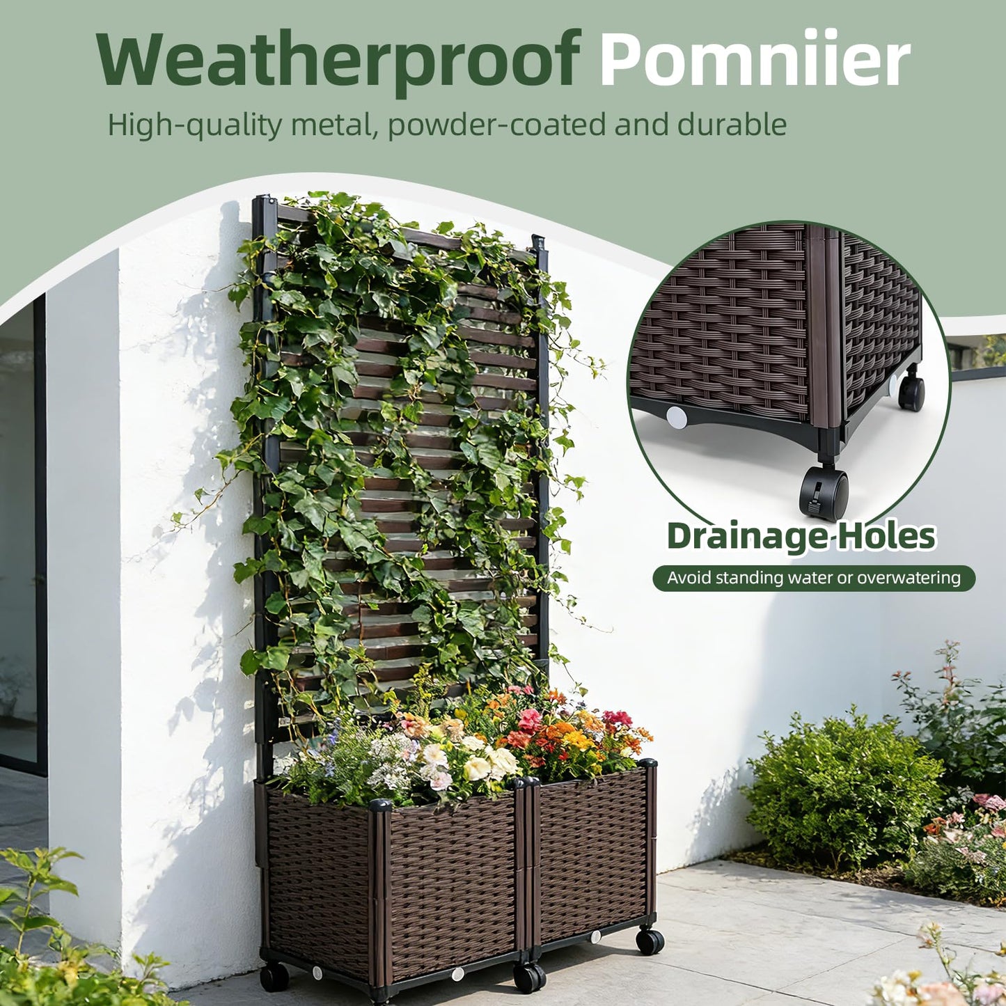 BorealBear Privacy Screen with Resin Wicker Planter Box, 67" Slatted Steel Raised Garden Bed with Trellis, Lockable Wheels, Outdoor Climbing Plants, Patio, Balcony and Yard