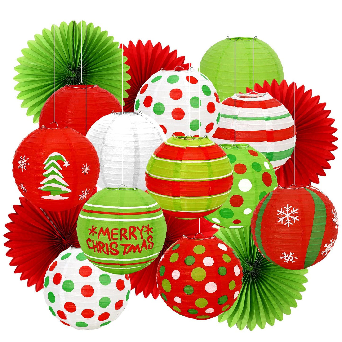 JarThenaAMCS 18Pcs Christmas Paper Lantern Set Red Green Hanging Lanterns with Paper Fans for Xmas Home Party Decoration