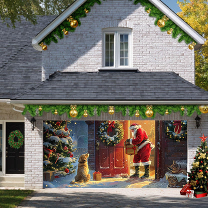 HOMETITUTE Christmas Garage Door Banner 13x6ft Santa with Dogs Gift Scene Holiday Porch Backdrop Red Green Warm Glow Winter Snow Party Decoration Indoor Outdoor Seasonal TreeWall