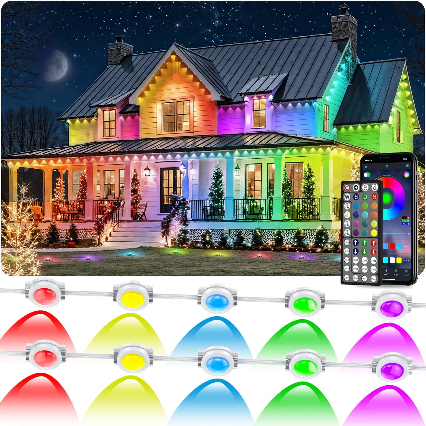 CETELUMA 200FT Permanent Outdoor RGB Lights - Waterproof Smart LED Eaves Lights with App/Remote Control, Music Sync & DIY Scenes, Perfect for Christmas, Halloween, Parties & Daily Decor