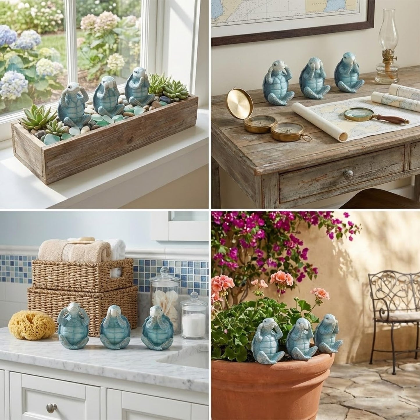 Turtle Sculpture 3-Piece Set Coastal Home Decor Turtle sculptures are perfect for bathrooms, offices, bookshelves, display shelves, coffee tables, or beach-themed decor in any room of your home.