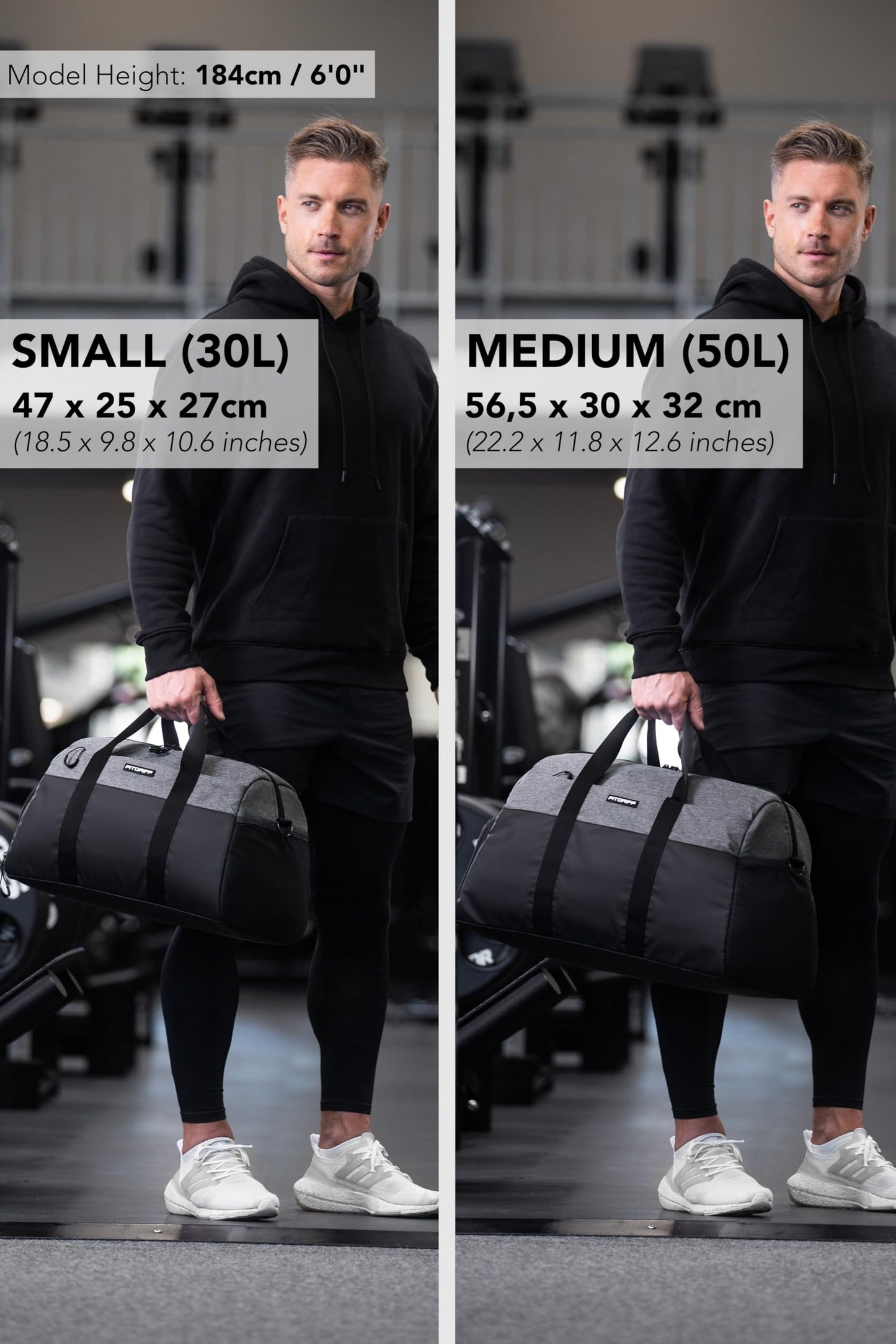 Fitgriff® Gym Bag V2 for Men and Women with Shoe & Wet Compartment - Duffle Bag for Travel, Sports, Fitness and Workout (Black/Grey, 19 x 10 x 11″ (Small))