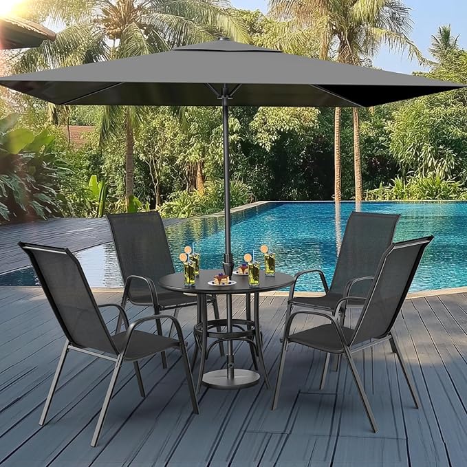 VINGLI Patio Chairs Set of 4 – Stackable Outdoor Dining Chairs with Comfortable Sling High Back Chairs and Armrests for Lawn, Poolside, Courtyard, Balcony, Garden, Black
