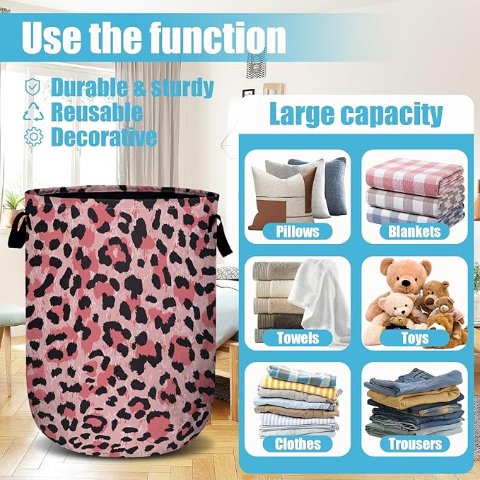Pink Leopard Laundry Basket, Laundry Hamper Collapsible Oxford Cloth
