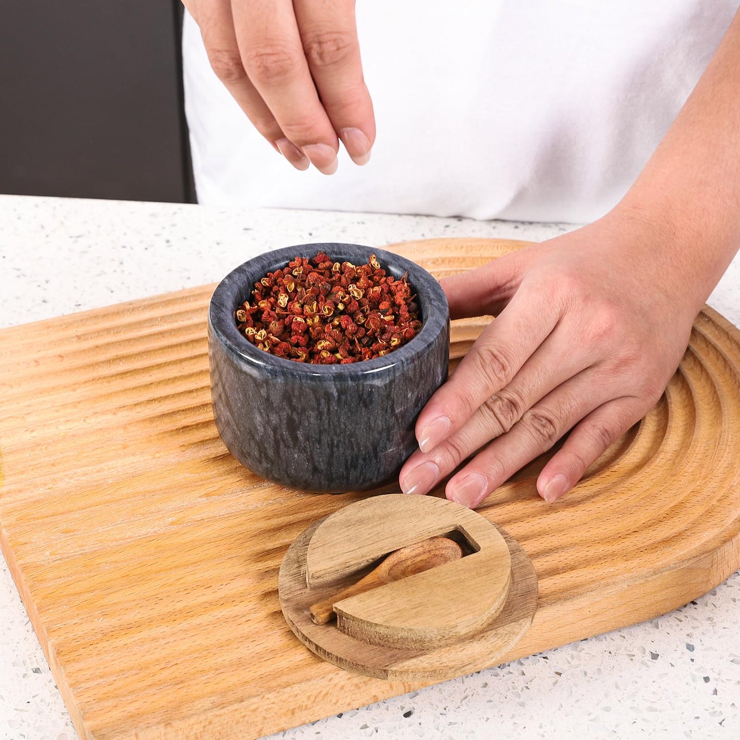 RAETTER.LY Salt and Pepper Bowl, Marble Salt Cellar and Spices Storage Container With Built-in Spoon and Acacia Wood Lid - 6.5oz Capacity (Black)