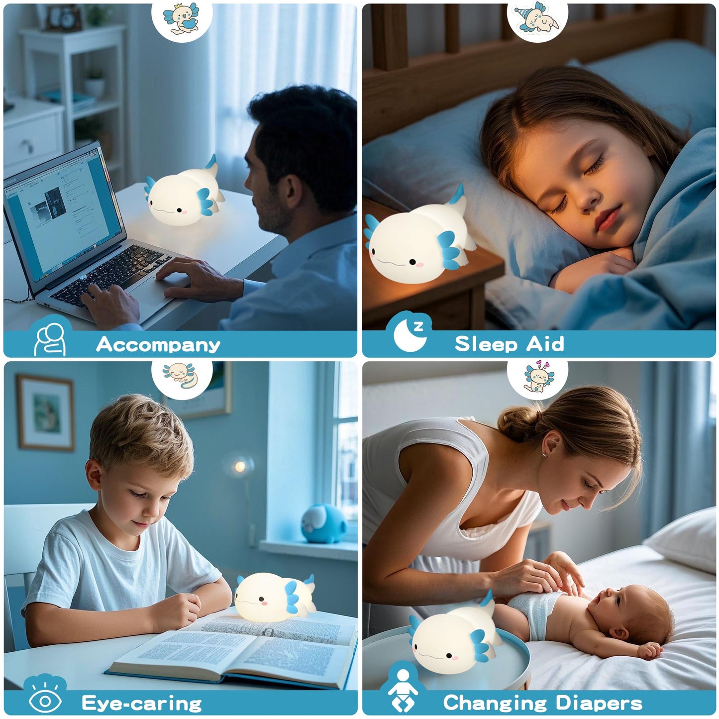 FAMIDUO Axolotl Night Light,Cute Axolotl Lamp,Food Grade Silicone Nursery Nightlight,Rechargeable/Dimmable LED Squishy Novelty Animal Bedside Touch Lamp,Baby Room Decor, Axolotl Gifts for Kids/Boys