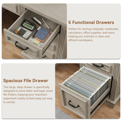 Farmhouse L Shaped Executive Desk with 4 Drawers, Home Office Desk with Hidden Under-Desk Storage Shelf and Charging Station, File Cabinet Storage, Wood Corner Computer Desk for Work and Study(Grey)