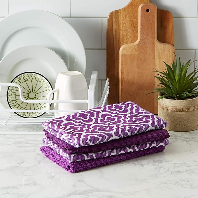 DII Cleaning Collection Multi-Purpose Microfiber, Eggplant Lattice, Dishtowel