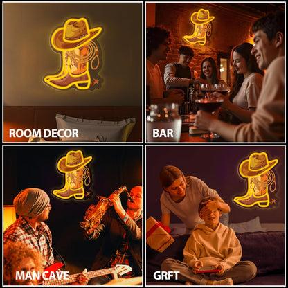 Cowboy Boot with Hat Lasso Neon Signs for Wall Decor, Led Pink Cowgirl Boot Neon Sign, Aesthetic Western Wall Art, Cowboy LED Sign for Room Bedroom Party Bar Decor Birthday Christmas Gifts (Golden)