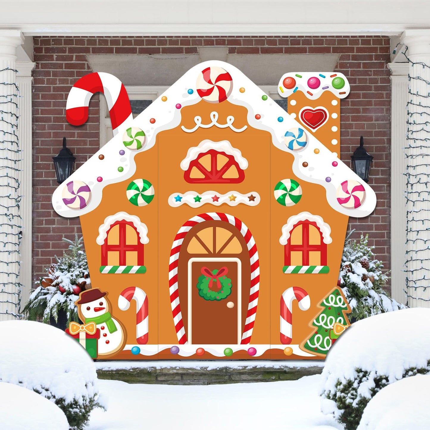 WovWeave 4 Pcs Christmas Gingerbread House Door Decorations Candy Cane Wreath Snowman Christmas Tree Gingerbread House Porch Banners for Holiday Classroom School Office Wall Display(Brown)
