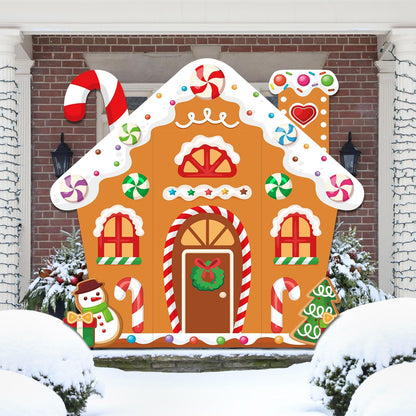 WovWeave 4 Pcs Christmas Gingerbread House Door Decorations Candy Cane Wreath Snowman Christmas Tree Gingerbread House Porch Banners for Holiday Classroom School Office Wall Display(Brown)