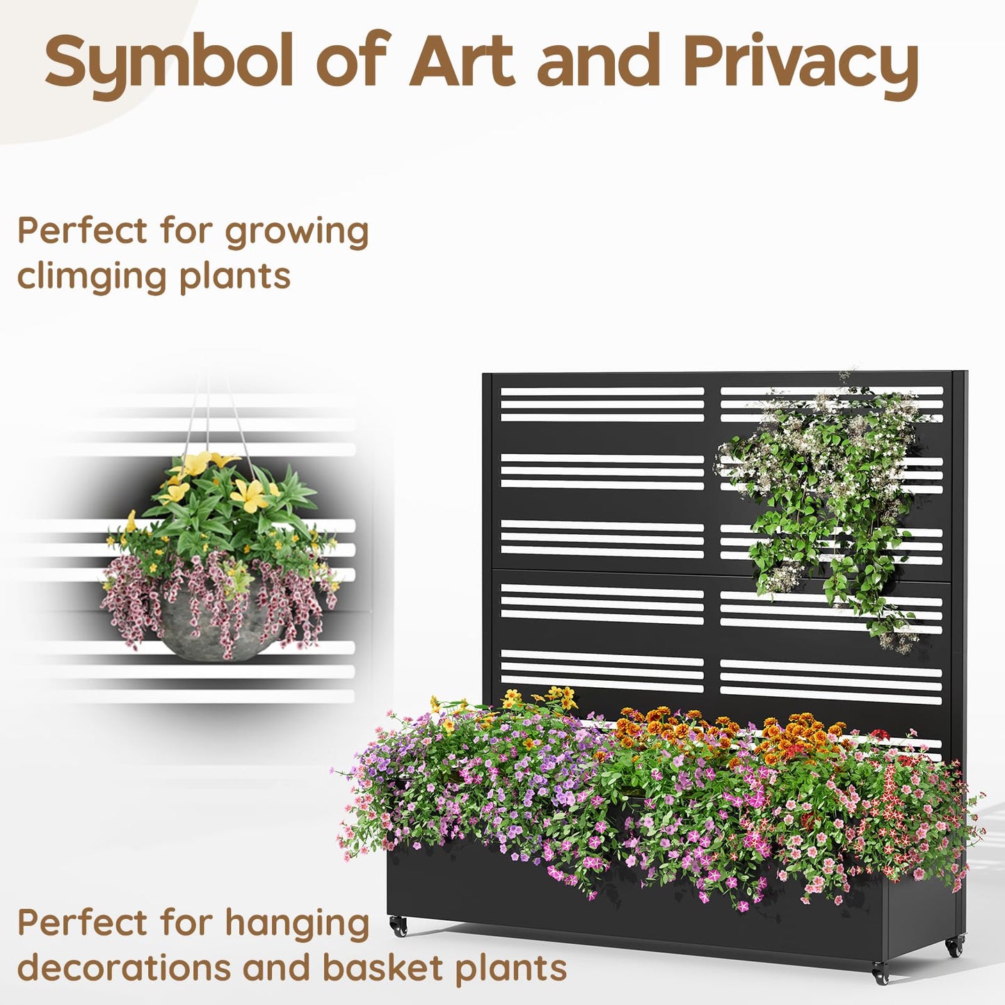 Metal Raised Garden Bed Trellis Large Outdoor Planter Box for Patio,Balcony Privacy Planters for Patio 48.4" x 47"x 15.7 Wheels Drainage Holes,for Climbing Vegetables,Flowers,Vines（Black）