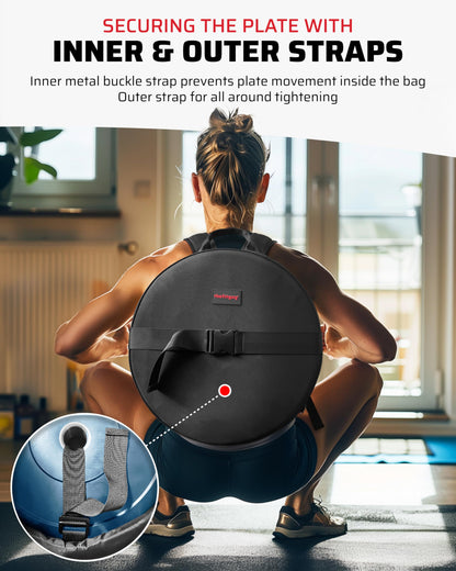 THEFITGUY Weighted Backpack for Gym Weight Plate - for Pushups, Calf Raises, Squats, Wear on Back or Front, Fits Up to 17.5” Diameter, 2.5” Thick Plate, Padded Straps & Secure Buckles - For Home & Gym