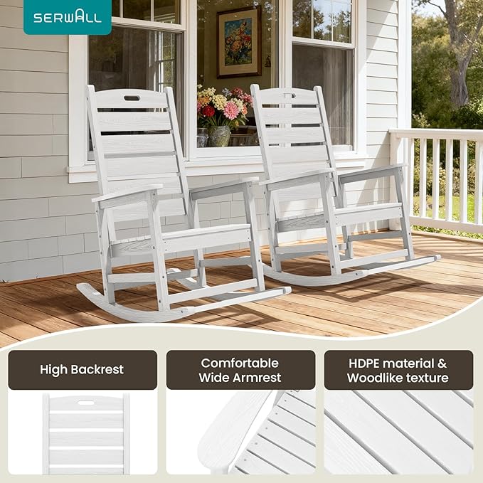 SERWALL Outdoor Rocking Chair Set of 2, Oversized Rocking Chair with Footboard for Adults, HDPE All Weather Resistant Rocking Chairs for Patio, 350lbs Weight Capacity, White