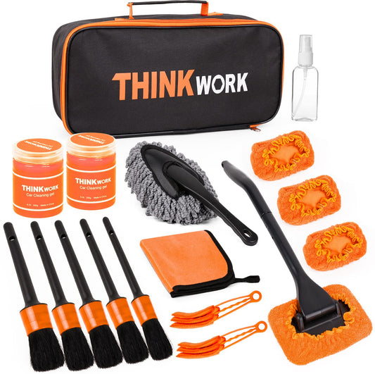 THINKWORK Car Detail Duster Kit - 17PCS Perfect Dust Removal Kit for Interior and Exterior, Detailing Brush, Cleaning Gel, Window Brush, Coral Fleece Towels and Cleaning Pads
