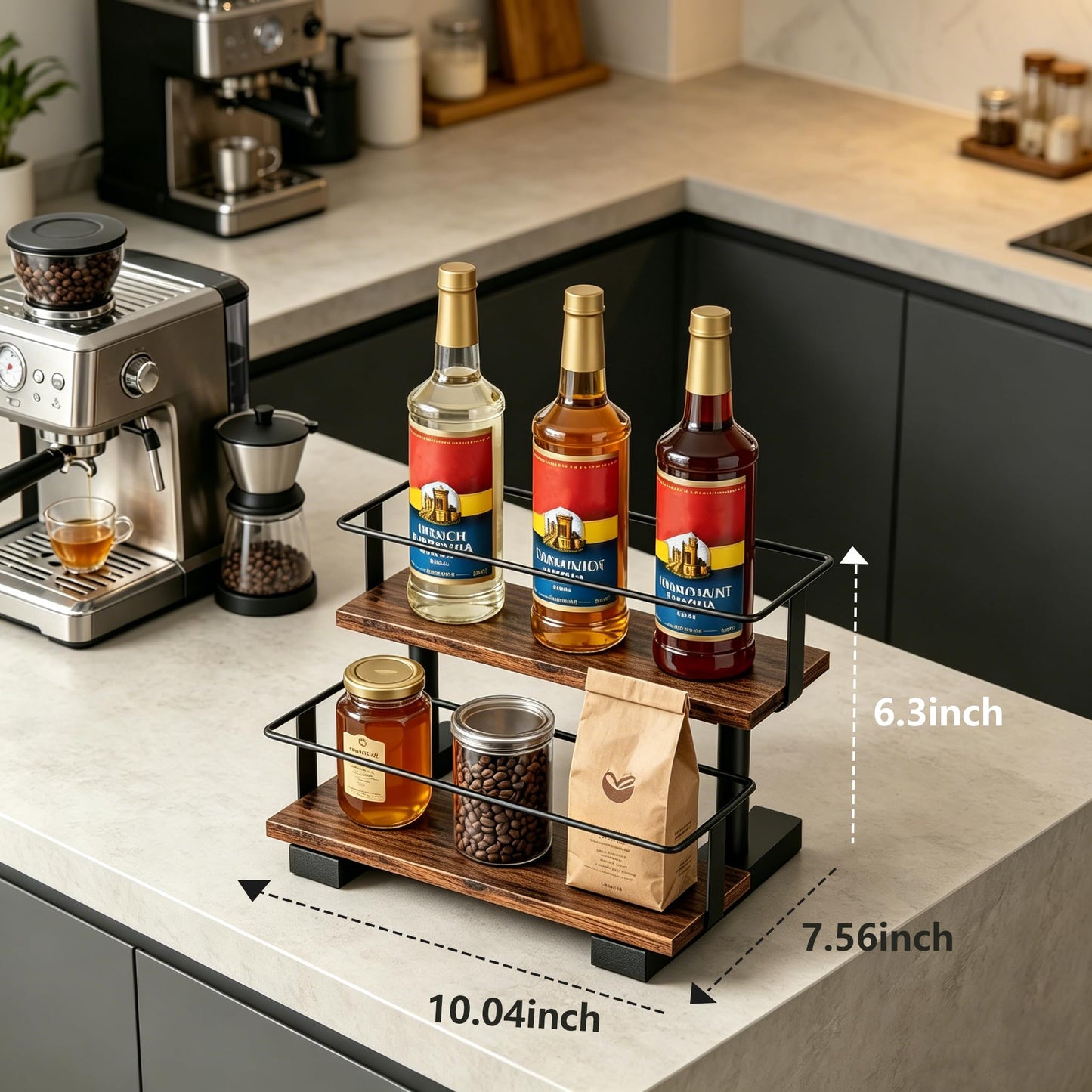 Wolera 2-Tier Coffee Syrup Organizer Rack – Holds 6 Syrup Bottles, Space-Saving Countertop Display Shelf for Coffee Bar, Liquor, Spice Jars & Essential Oil Bottles, Rustic Wood & Metal Stepped Shelf