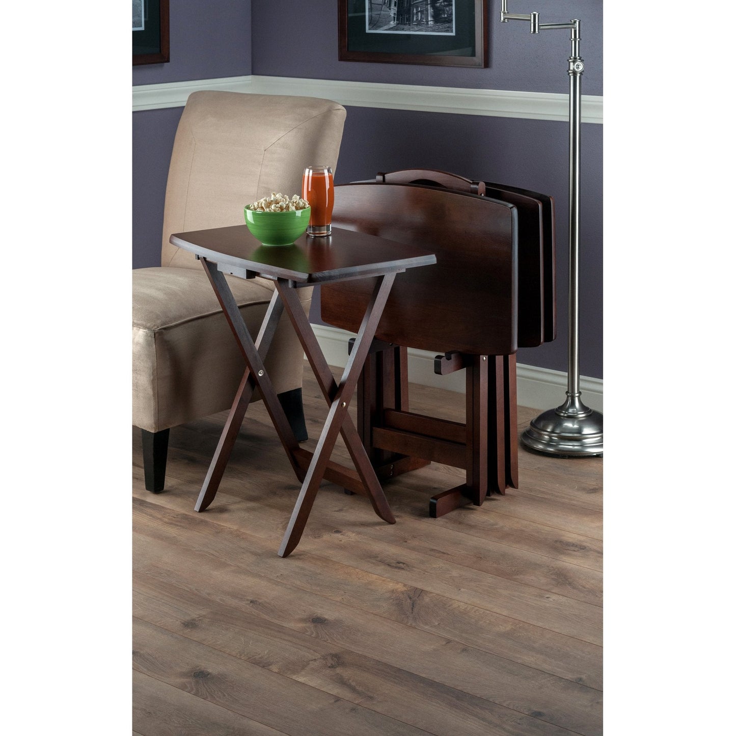 Winsome Darryl Set of 4 Oversized Foldable Snack Tables with Storage Rack, 26" in Walnut, Easy to Store Portable Fold Up Table Set for Kitchen, Living Room TV Dining, Crafts, Puzzles, Work From Home