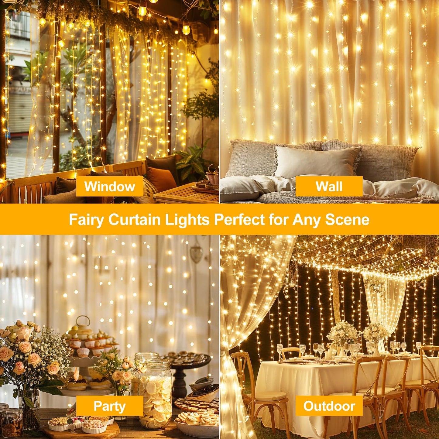 HOLITS Fairy Curtain Lights Upgraded Tangle-Free Warm White USB Plug in 8 Modes String Hanging Lights with Remote for Christmas, Bedroom, Indoor, Outdoor, Weddings, Party (6.6FTx6.6FT)