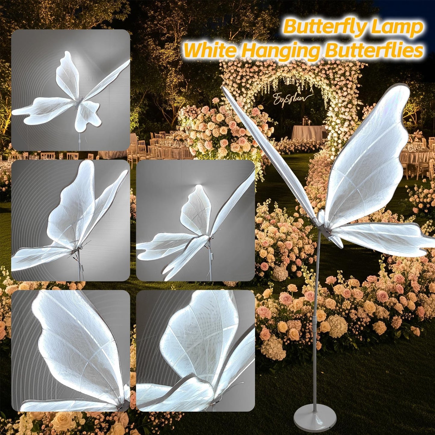 Lakexus 51 INCH Creative Butterfly Floor Lamp - 1pcs Wedding Romantic Hanging Decoration Lights Fixture, Butterfly Ceiling Light for Wedding, Party, Christmas, Adjustable Height Creative Props, White