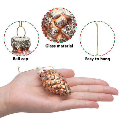 Watayo 12 Pcs Christmas Pinecone Glass Ornaments, Fall Hanging Pine Cone Painted Glass Ornaments, Glitter Pinecone Christmas Ornament for Xmas Tree DIY Crafts Fall Thanksgiving Day Decoration