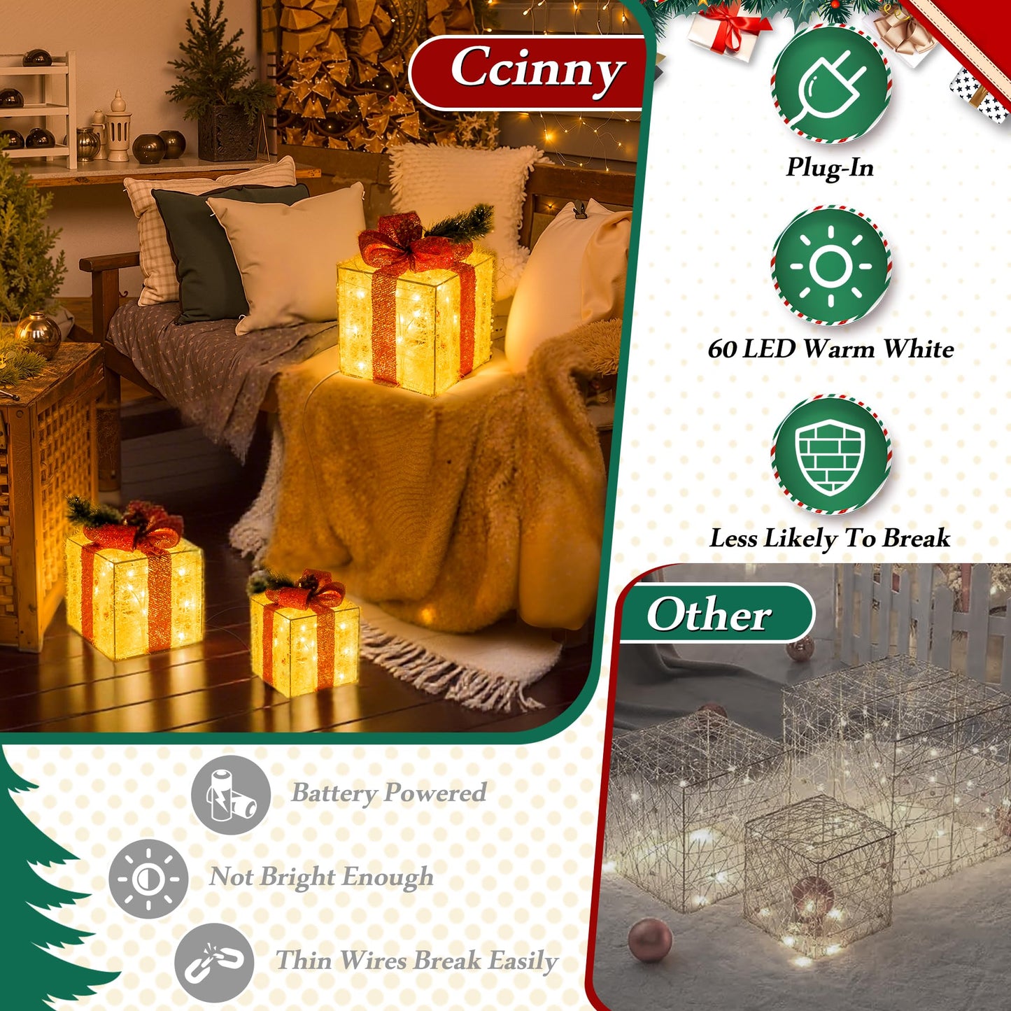 Ccinny Christmas Decorations, Set of 3 Christmas Lighted Gift Boxes, Pre-lit 60 LED Light Up Present Boxes Warm White Xmas Ornaments for Indoor Outdoor Yard Lawn Home Decor (Red Bow)