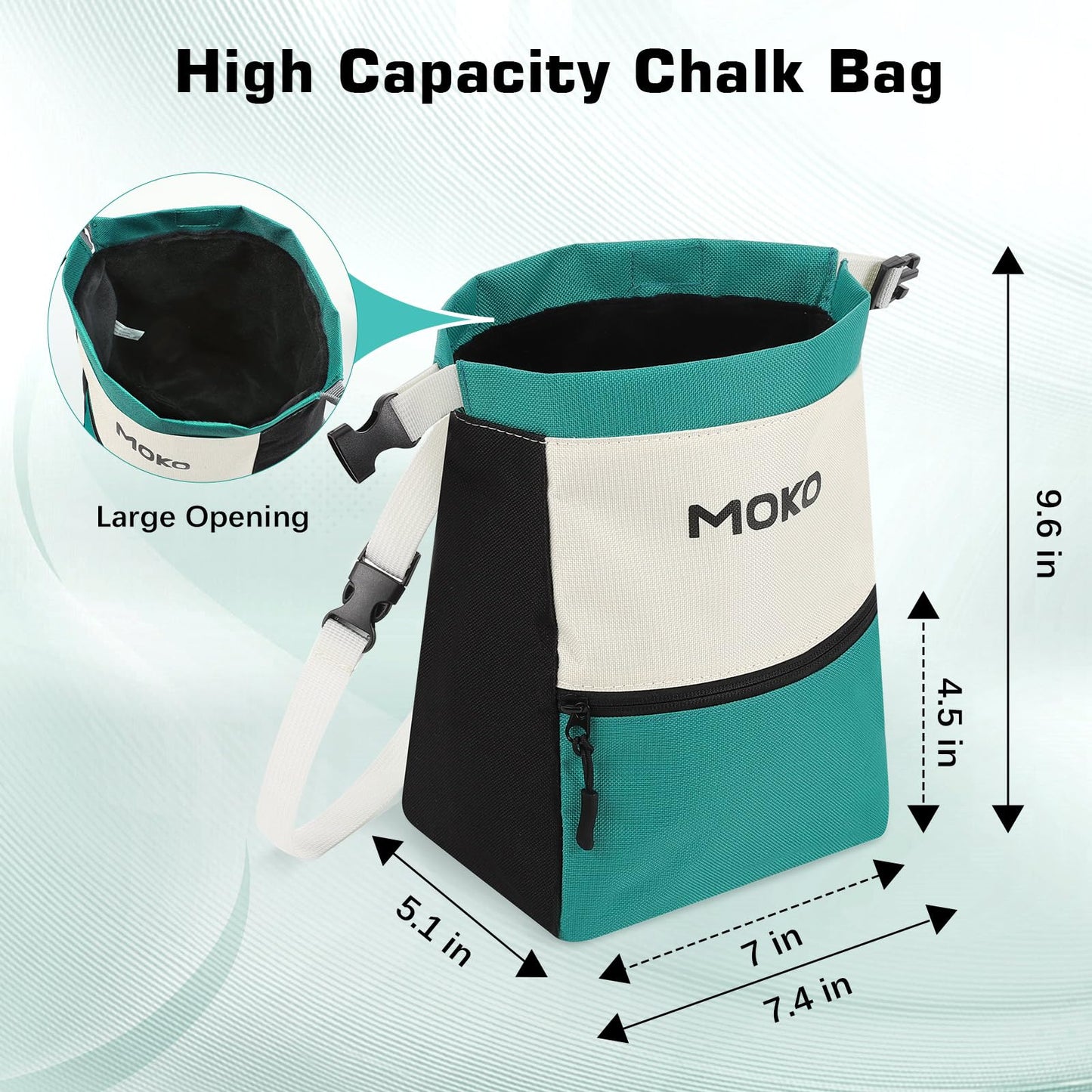 MoKo Chalk Bag for Rock Climbing, Large Capacity Climbing Chalk Bag with Magnetic Snap and Zipper Pocket, Portable Chalk Bucket for Weight Lifting, Bouldering, Gymnastics, Fitness, Green