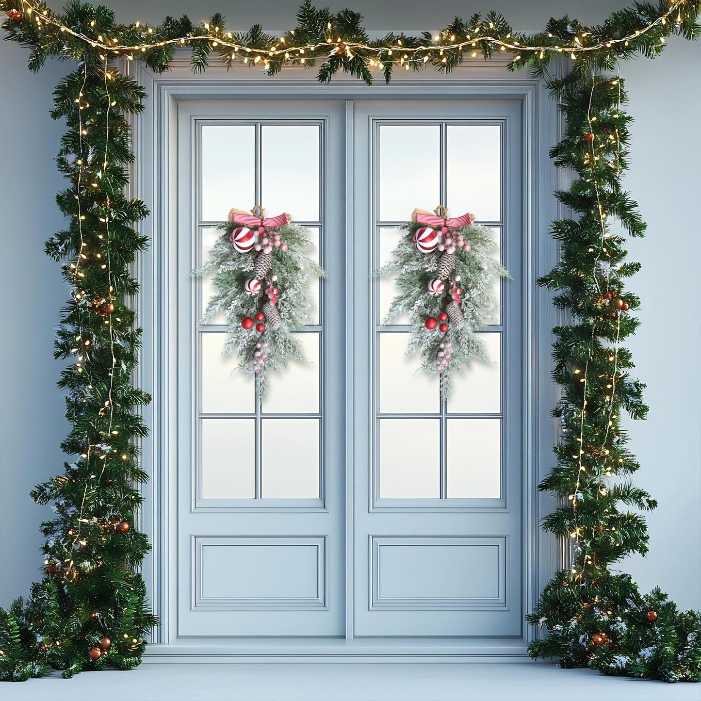 Egolot 2 PCS 20” Christmas Candy Cane Frosted Pine Needle Teardrop Swag Wreath for Front Door, Xmas Swag with Red White Balls and Berries for Indoor Outdoor, Christmas Window Mailbox Decor Teardrop
