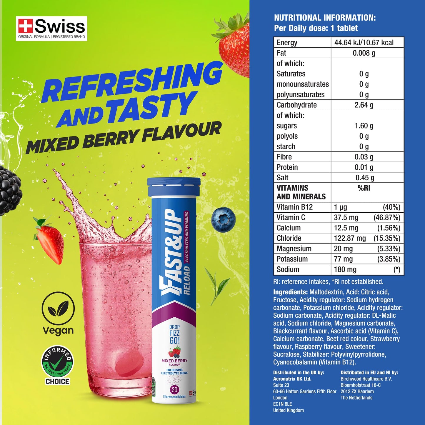 Fast&Up Reload Electrolyte Tablets, Mixed Berry Flavour, 80 Effervescent Tablets, Rapid Hydration & Energy, with Vitamin C & B12, Vegan