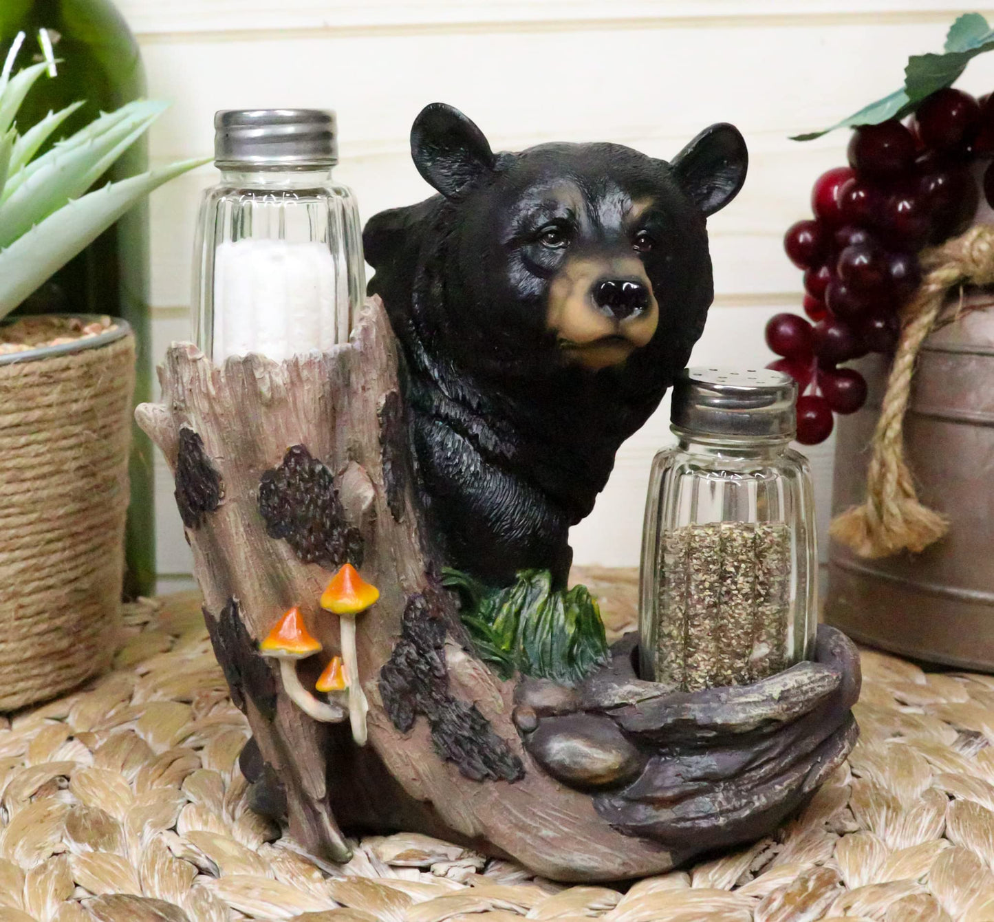 Ebros Gift Whimsical Black Bear By Toadstool Mushrooms Tree Branch Forest Woods Salt And Pepper Shakers Holder Figurine Set Rustic Bear Cabin Lodge Decor