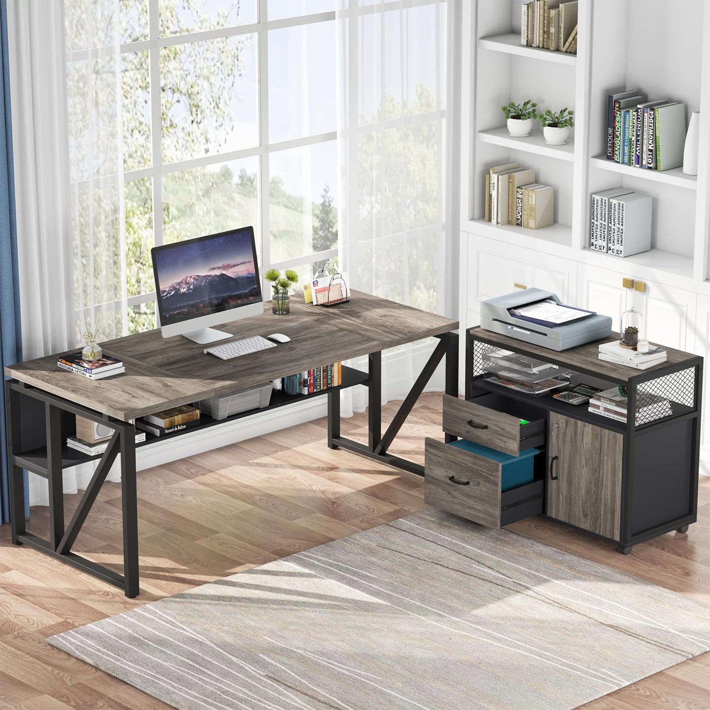Tribesigns Modern File Cabinet with Drawers for Letter-Sized File and Door, Lockable lateral Filing Cabinet Printer Stand with Storage Shelves and with Rolling Caster for Home Office (Gray)