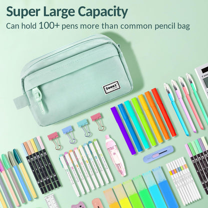 Sooez Original High Capacity Pencil Case, Big Pencil Bag Pouch Box Organizer Pen Case, Portable Journaling Supplies with Easy Grip Handle & Loop, Aesthetic Supply for Girls Adults, Mint Green