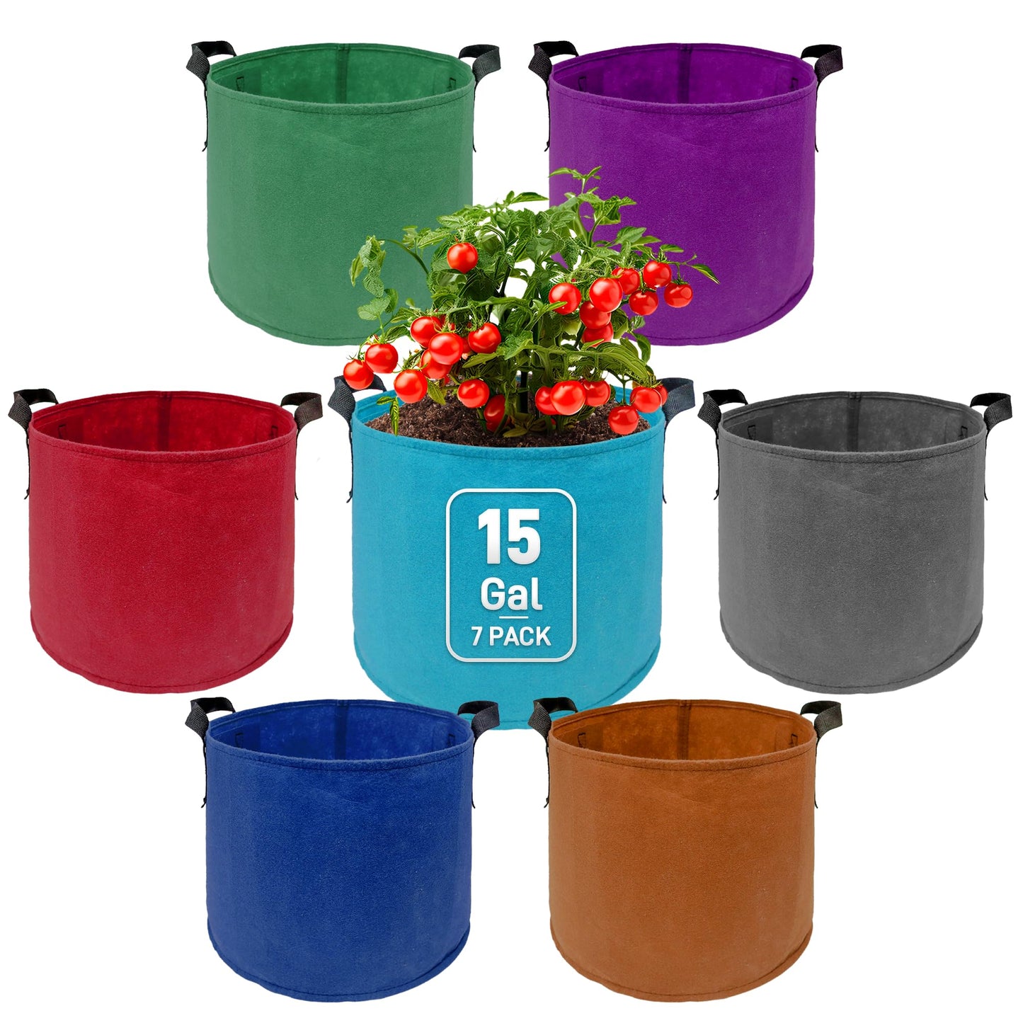 7 Pack 15 Gallon Plant Grow Bags - Mixed 7 Colors with Reinforced Handles & Aeration Design, Ideal for Tomato, Flowers & Fruits