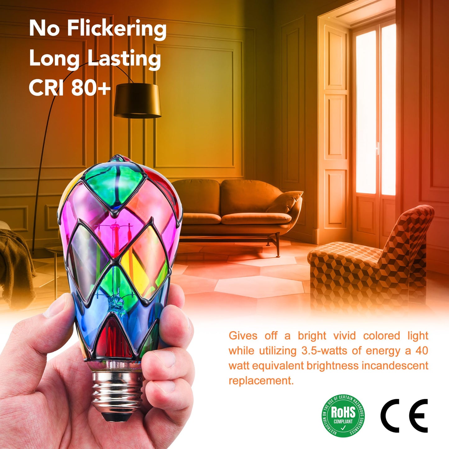 Kitmose 4 Pack Stained Glass Light Bulbs, LED Edison Light Bulb E26 3.5W Replacement Light Bulbs Tiffany Style for Bedroom Living Room Home Christmas Decoration
