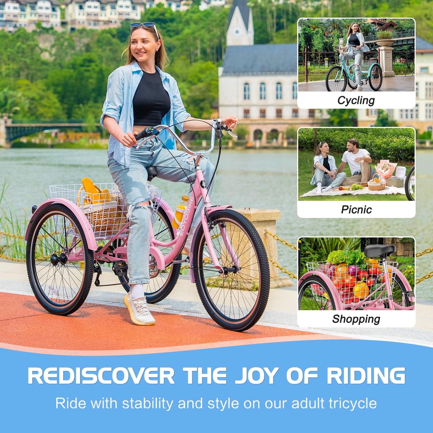 EOYOBIKE Adult Tricycle 3-Wheel Cruiser Bike, Low Step-Through, Heavy-Duty Comfort Trike with Adjustable Handlebar & Spring Saddle, Large Rear Basket, for Seniors & Adults (Blush Quartz, 20" Tire)