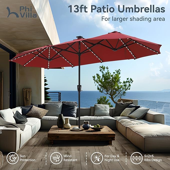 PHI VILLA 13ft Patio Umbrella with Solar-Powered 120 PCS LED Color-Changing Lights, Triple-Head Large Rectangle Umbrella Outdoor Patio for Table with Crank Lift,Dark Red(No Base)
