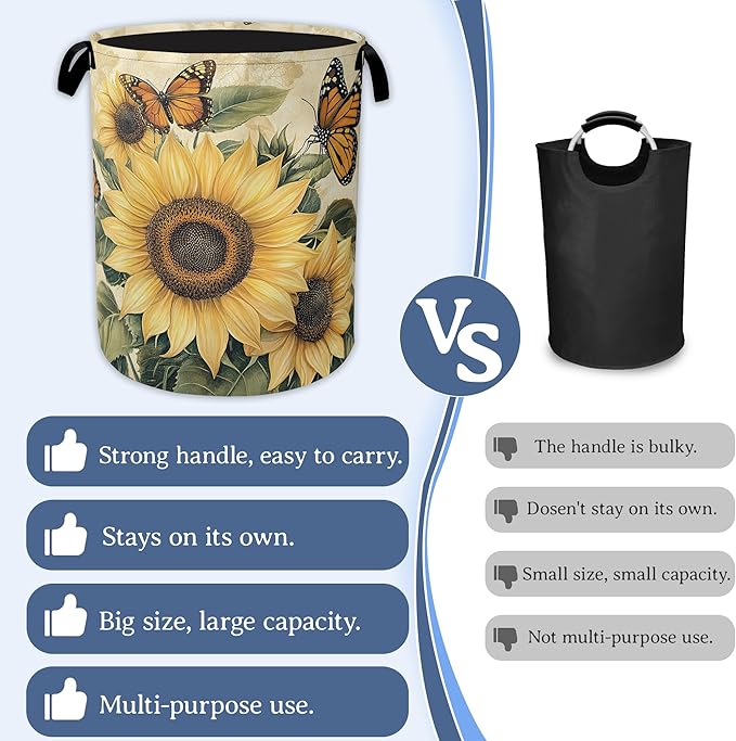 Vintage Sunflower Laundry Basket, Foldable Oxford Cloth Butterfly Laundry Hamper