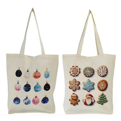 Zenloria Christmas Canvas Tote Bags – 2 Pack Holiday Cotton Totes 15x16, Cookie & Ornament Designs, Reusable Gift & Shopping Bags