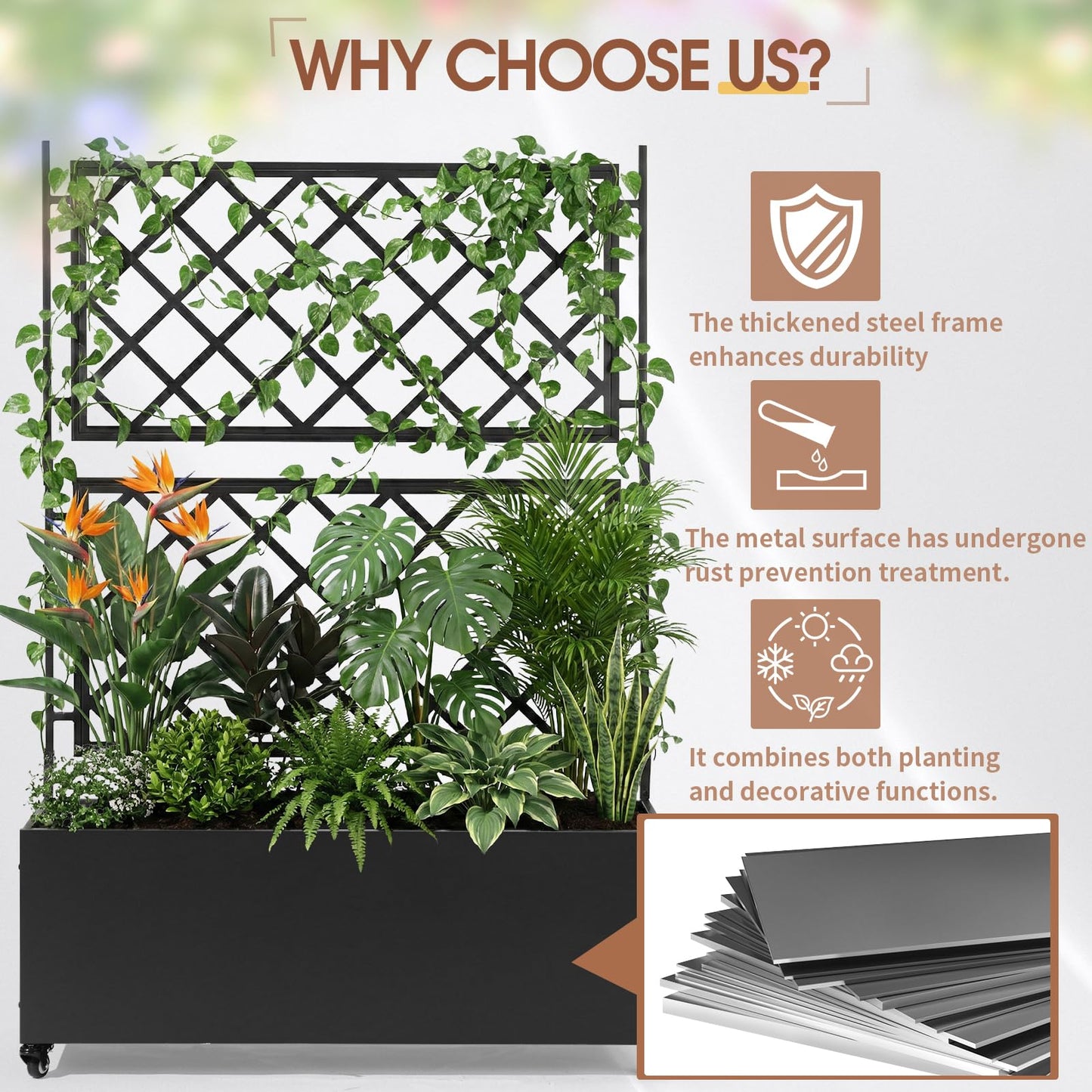 VINGLI 71″H Metal Raised Garden Bed with Trellis and Wheels, Outdoor Planter Box with Drainage Holes for Climbing Plants, Vegetables and Vines, Privacy Screen, for Patio, Backyard and Balcony, Black