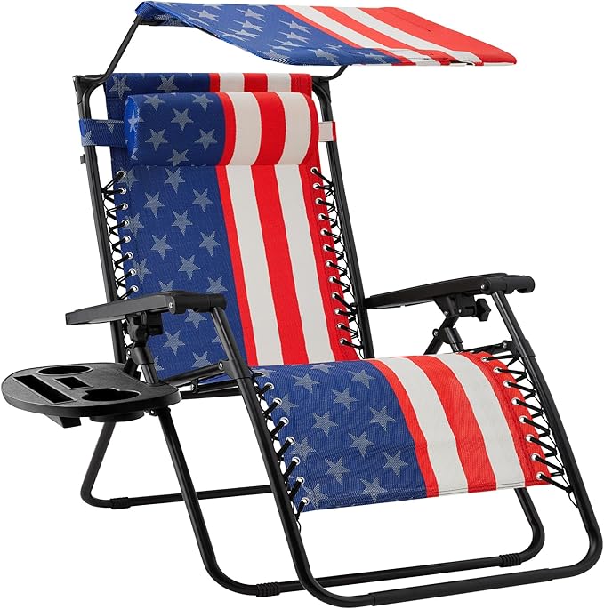 Best Choice Products 30” Wide Folding Zero Gravity Outdoor Recliner Patio Lounge Chair w/Adjustable Canopy Shade, Headrest, Side Accessory Tray - American Flag
