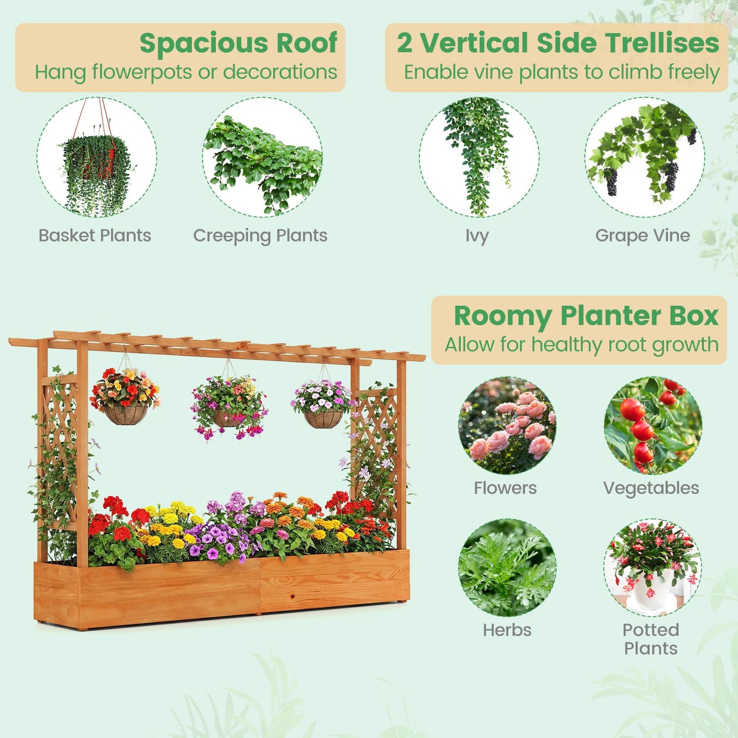 Giantex Raised Garden Bed with Trellis & Hanging Roof, Wood Planter Box with Bottom and Drainage Holes, Freestanding Garden Planter for Flower Vegetable Fruit Herb Climbing Vines (79" x 17.5" x 45")