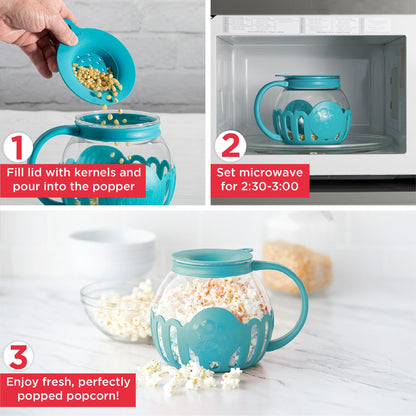 Ecolution Patented Micro-Pop Microwave Popcorn Popper with Temperature Safe Glass, 3-in-1 Lid Measures Kernels and Melts Butter, Made Without BPA, Dishwasher Safe, 3-Quart, Aqua