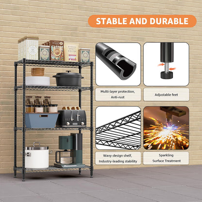 M MZG 1400 lbs 4 Tier Storage Rack Metal Wire Shelving Unit, Storage Standing Household Shelf Organizer for Kitchen Pantry Closet Garage Basement Utility Room, Black 15.8" D x 45.3" W x 59.4" H